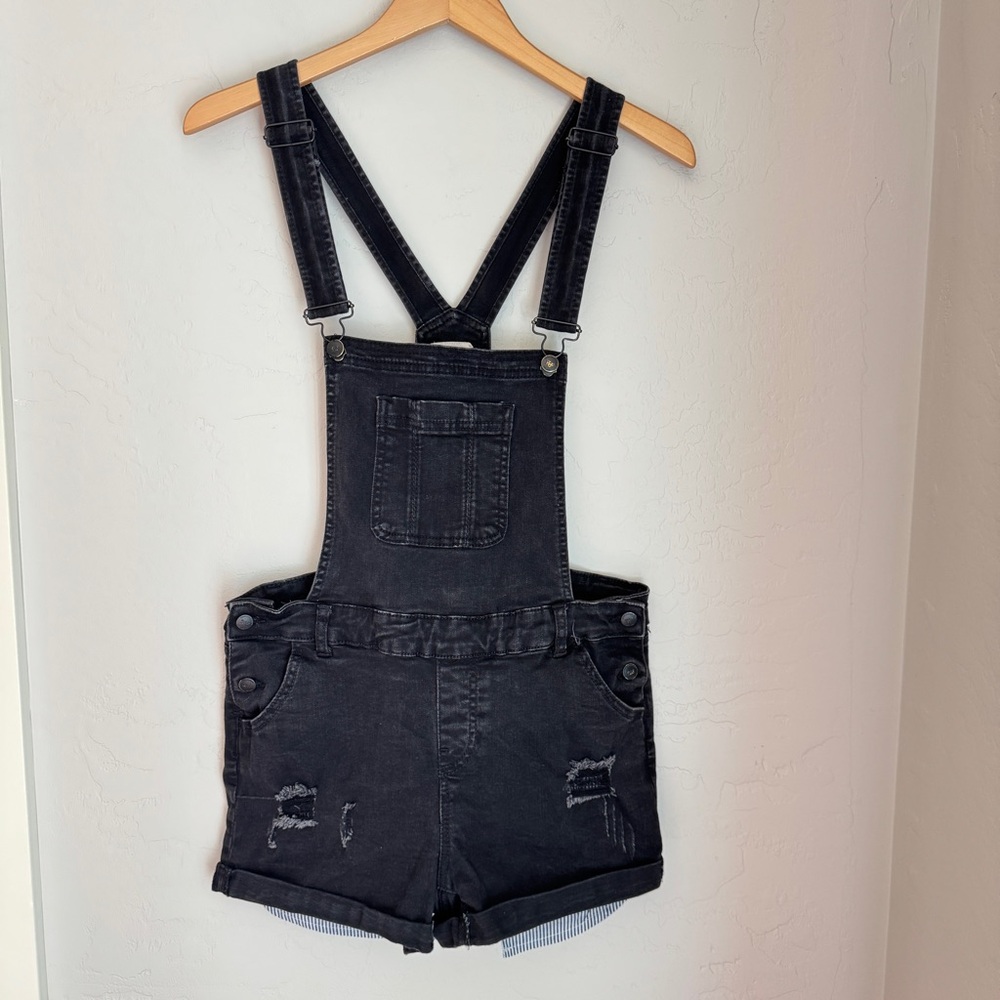 Wax‎ Jean Overalls Women's Black Denim Distress Short Jumpsuits Size L